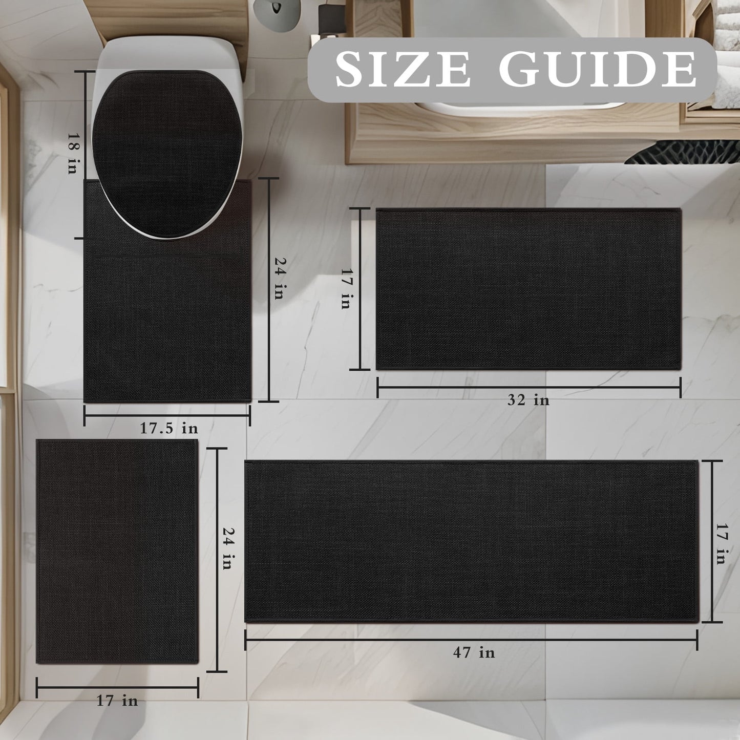 CHAKME 5 Piece Thin Bathroom Rug Set Non Slip Super Absorbent Quick Dry Machine Washable Bath Mat Rubber Backing Shower Tub Floor Toilet Rugs BLACK