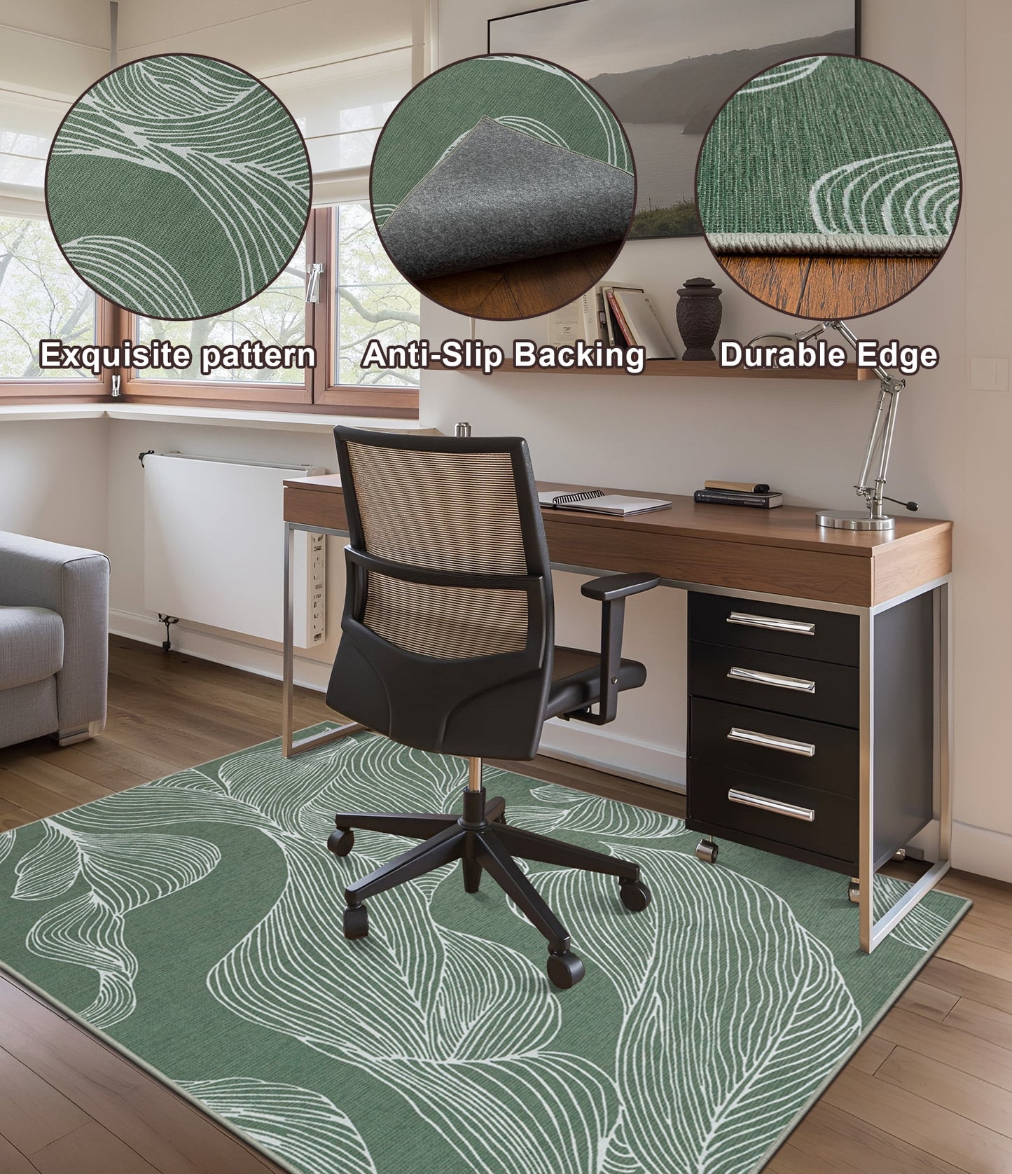 CHAKME 48in X 60in Sage Green Line Art Protective Flooring Office Chair Mat Hardwood Floor Tile Floor Heavy Duty Desk Chair Mat Carpet Anti Slip Office Floor Mat Rolling Chairs Low Pile Under Desk Rug
