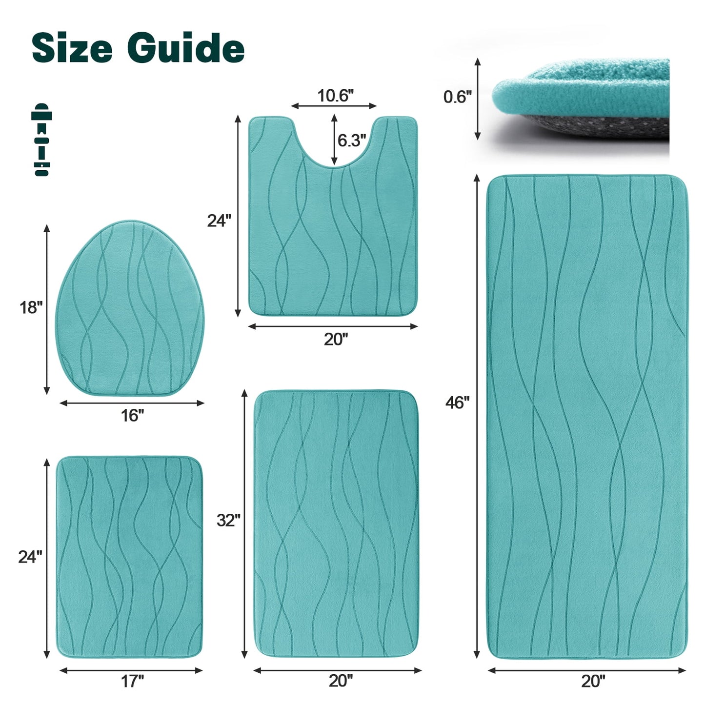 CHAKME 5 Piece Bathroom Rug Set Non Slip Ultra Absorbent Machine Washable Memory Foam Large 20inx46in & 32inx20in Long 24inx17in Small 18inx16in U Shape Contour 24inx20in Toilet Mat Ocean Ripple blue
