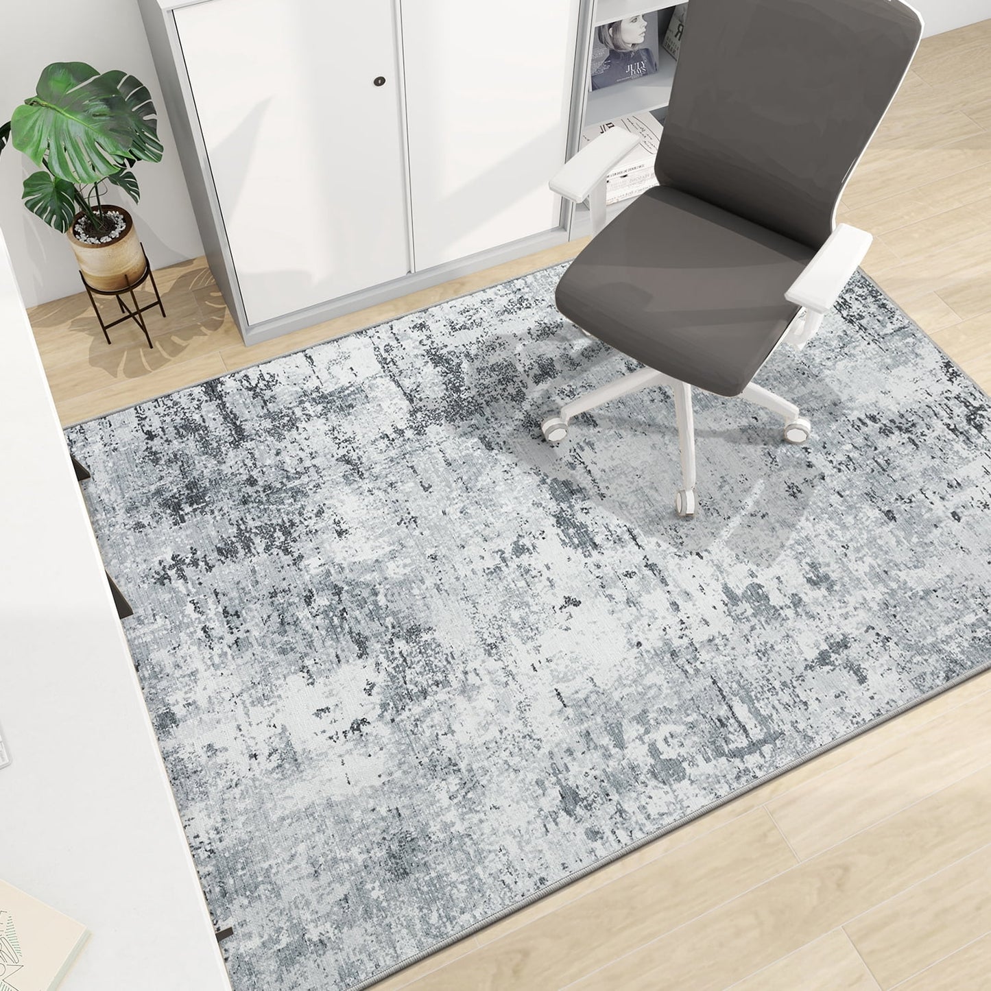 CHAKME Abstract Office Chair Mat 3'x4' Non Slip Washable Easy Glide Carpet Protector Hardwood Floor Modern Grey White Distressed Desk Chair Rug
