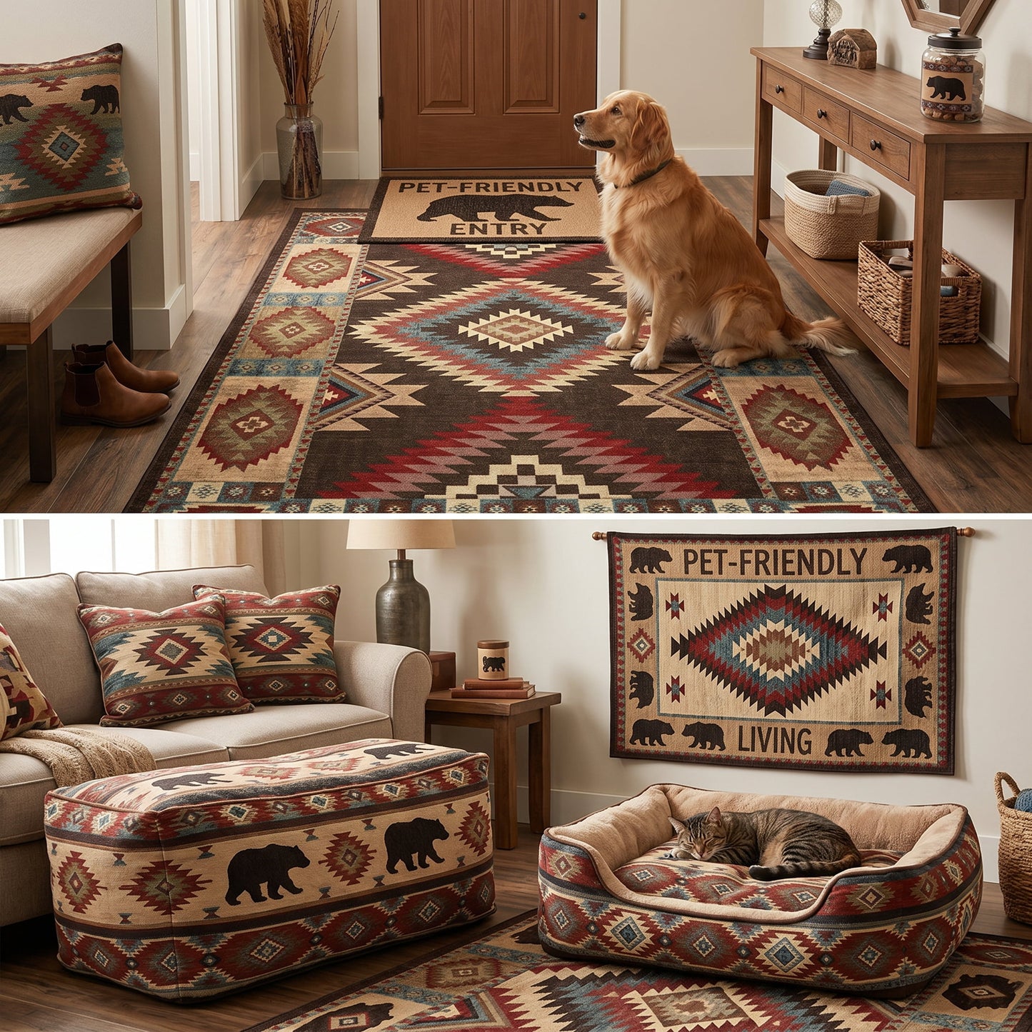 CHAKME 9x12 Washable Southwestern Area Rug, Rustic Cabin Geometric Bear Carpet, Soft Non-Slip Foldable Floor Mat for Living Room Bedroom, Dark Charcoal & Burgundy Red