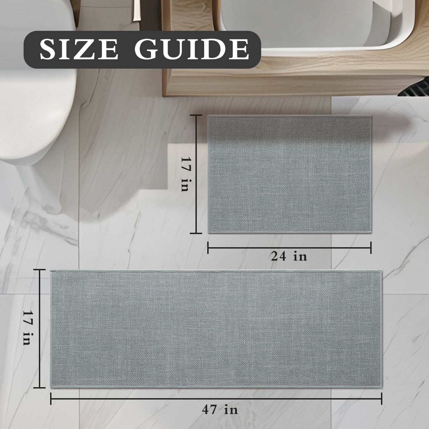 CHAKME 2 Piece Thin Bathroom Rug Set Non Slip Super Absorbent Quick Dry Machine Washable Bath Mat Rubber Backing, 17inx24in+17inx47in LIGHT GRAY