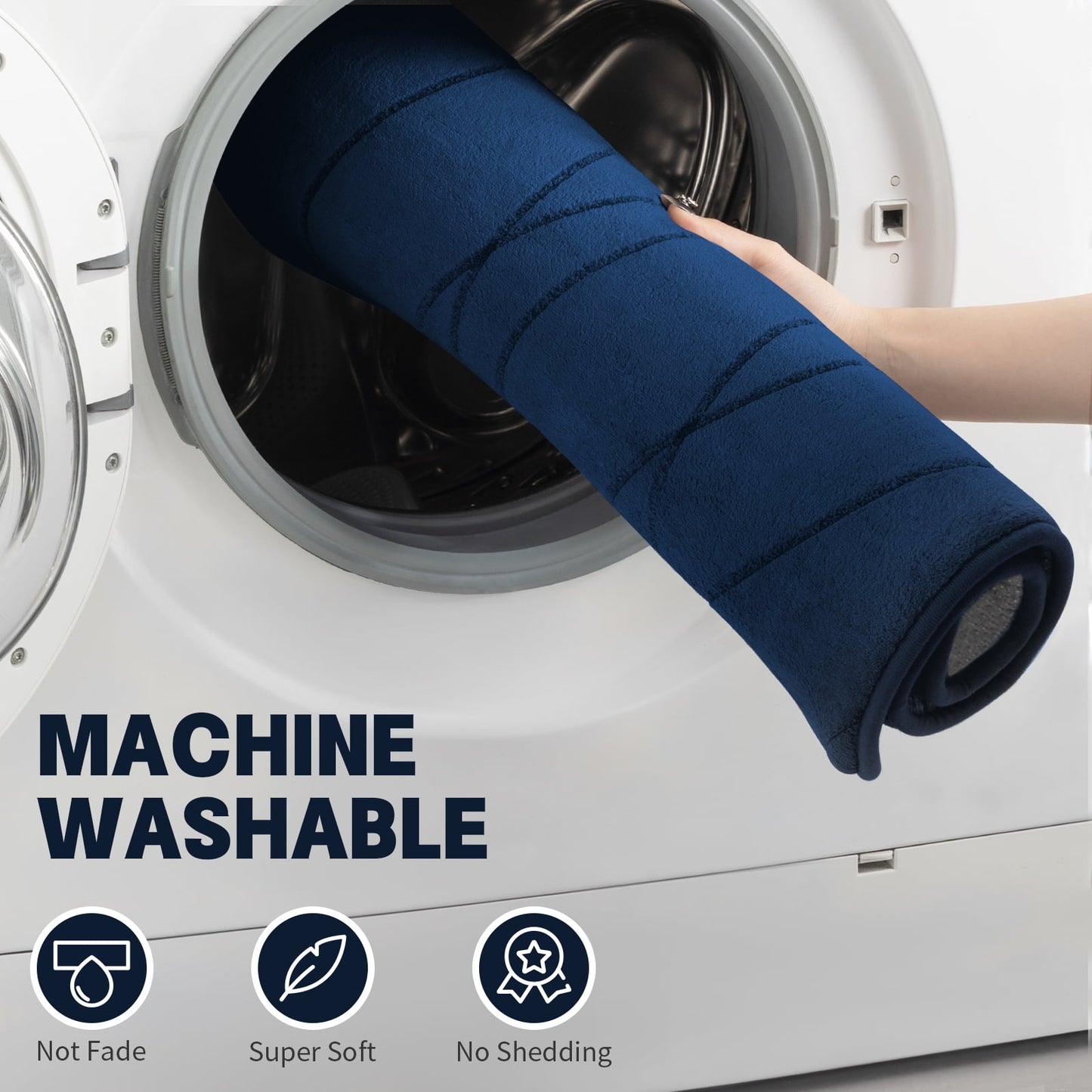 CHAKME 5 Piece Bathroom Rug Set Non Slip Ultra Absorbent Machine Washable Memory Foam Large 20inx46in & 32inx20in Long 24inx17in Small 18inx16in U Shape Contour 24inx20in Toilet Mat Ocean Ripple dark blue