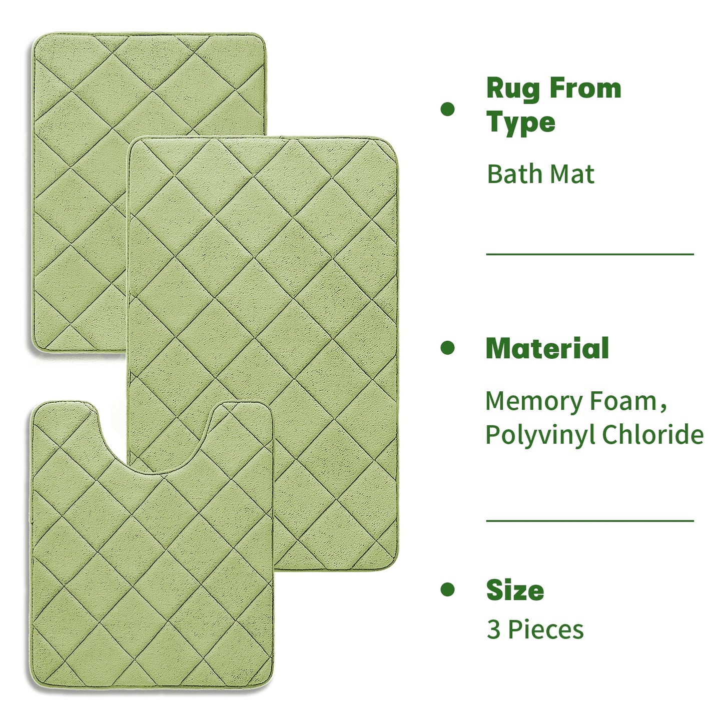 CHAKME Non-Slip 3 Piece Bathroom Rugs Set - Bath Mat for Tub, Shower, and Toilet, Rustic Lattice green