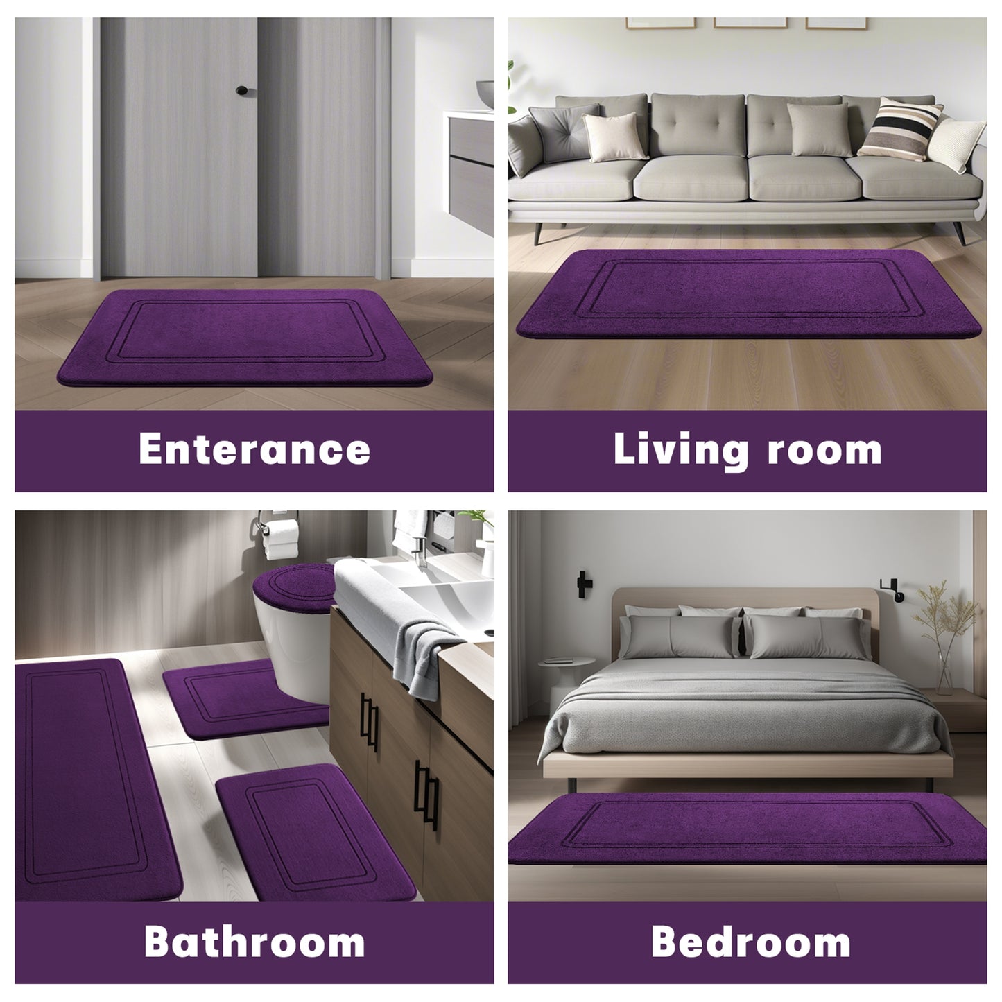 CHAKME U Shape Bath Mat Set 24inx20in&24inx16in Non Slip Super Absorbent Machine Washable Bathroom Memory Foam Floor Rug Toilet,Classic Greek Key purple