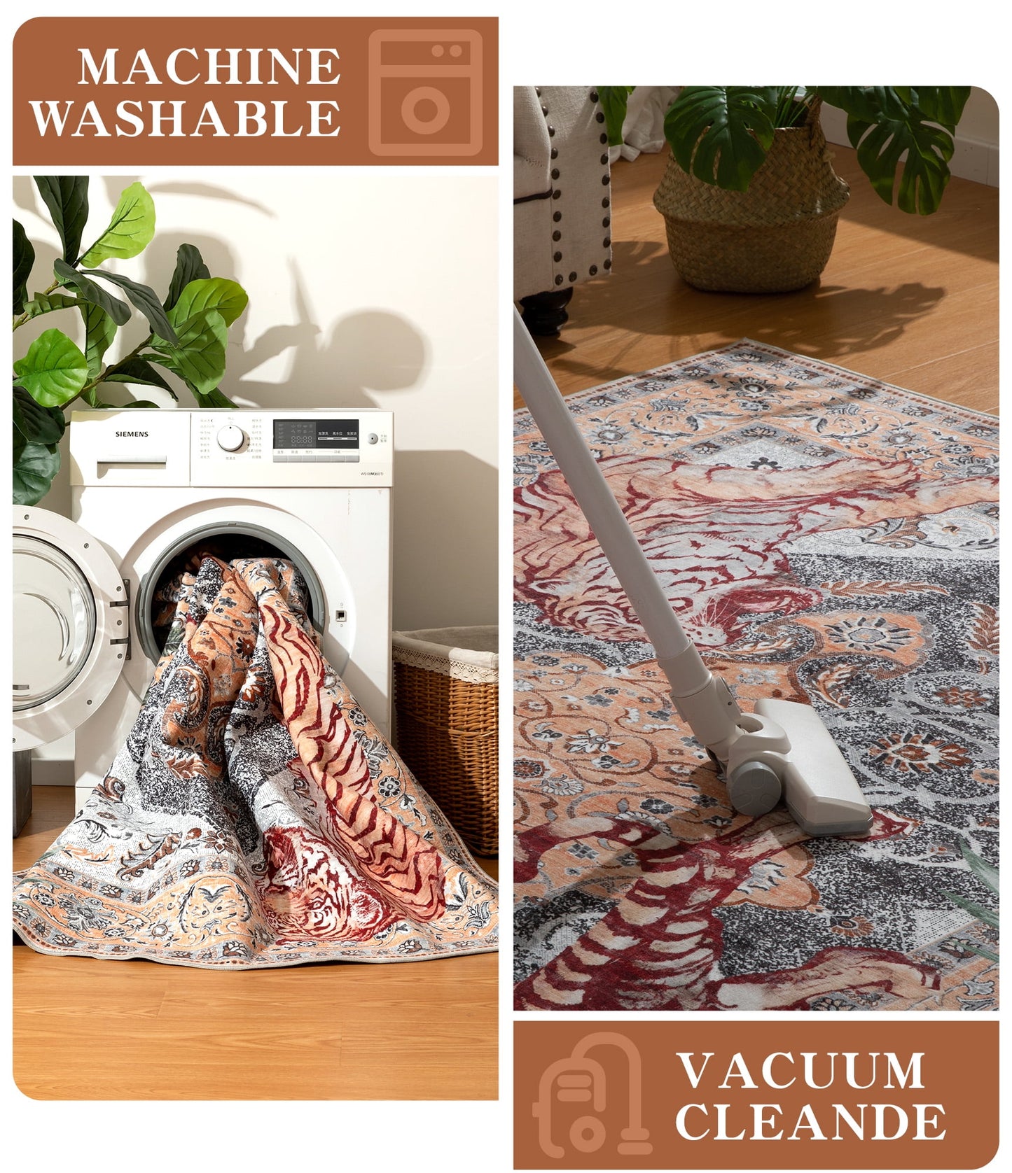 CHAKME 5'x7' Vintage Tiger Area Rugs Non Slip Machine Washable Vintage Boho Carpet Low Pile Print Bedroom Dining Room Home Office Rug,Beige