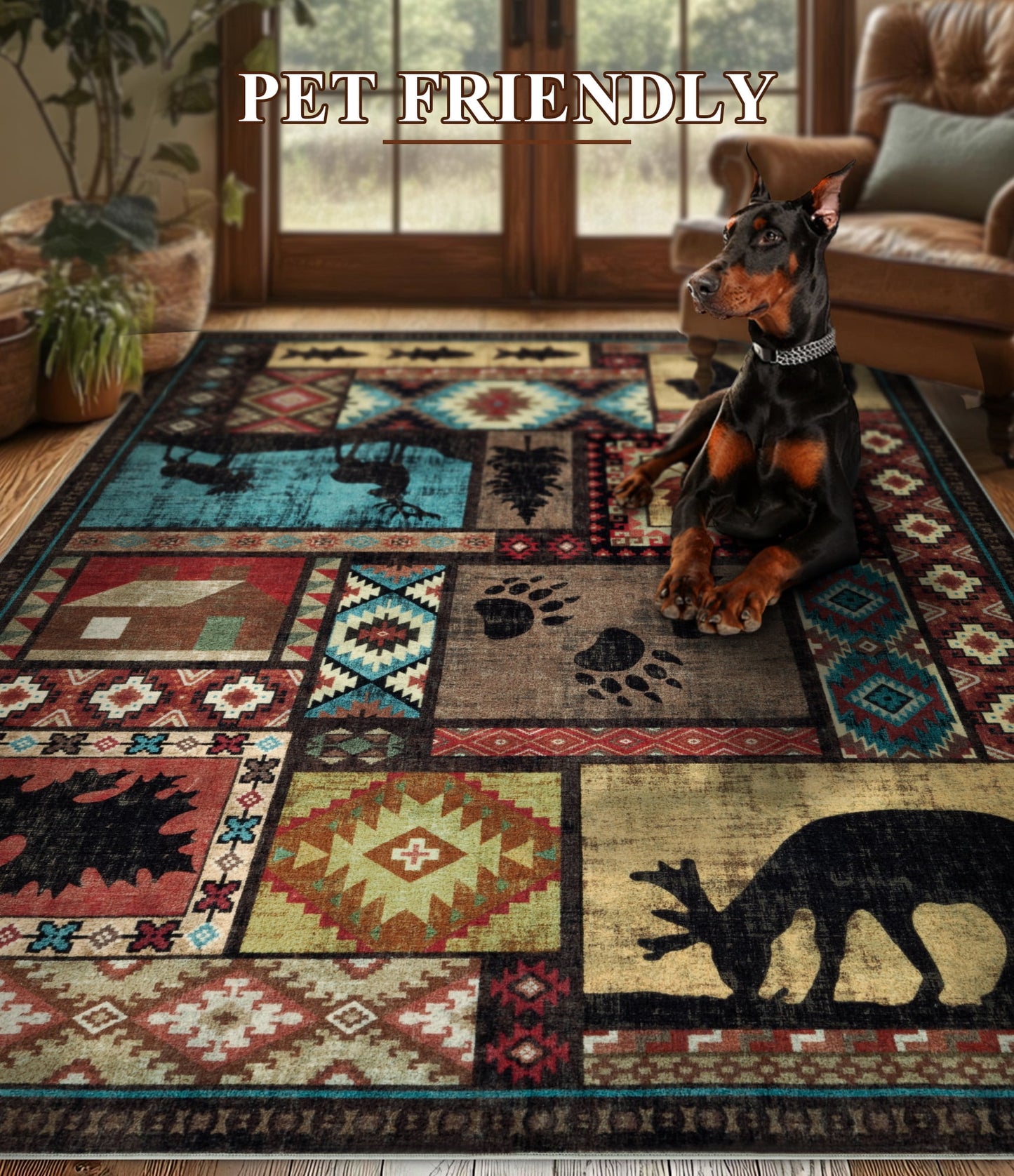 CHAKME 5'x7' Rustic Cabin Lodge Area Rug Machine Washable Non Slip Bear Deer Southwestern Pattern Low Pile Floor Mat Living Room Bedroom