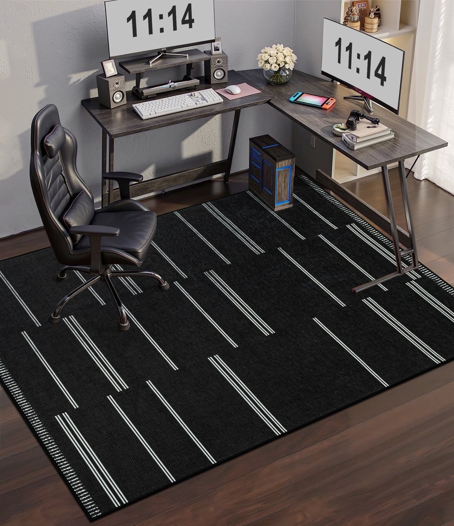CHAKME Hardwood Floor Office Chair Mat, Non Slip Washable Floor Protector Desk Chair, 48in x 72in, Black White Striped