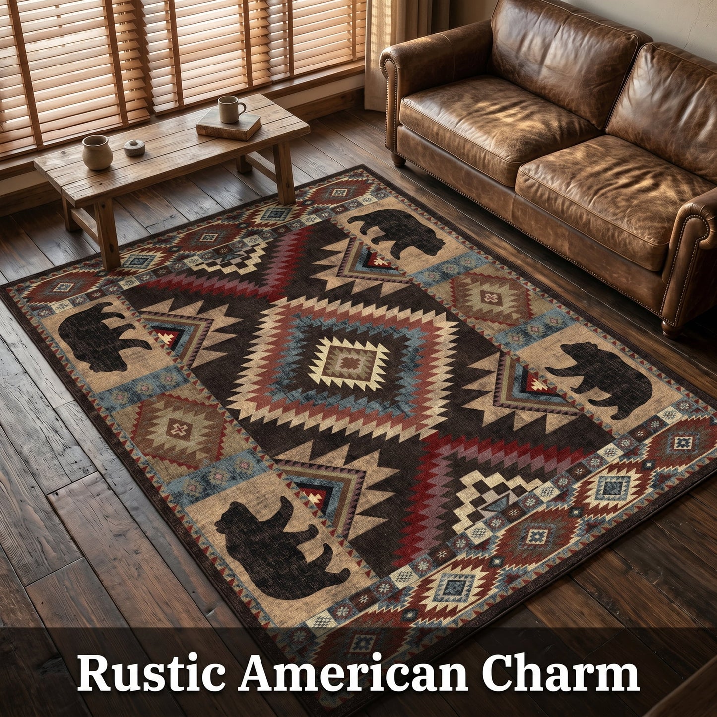 CHAKME 6x9 Washable Southwestern Area Rug, Rustic Cabin Geometric Bear Carpet, Soft Non-Slip Foldable Floor Mat for Living Room Bedroom, Dark Charcoal & Burgundy Red