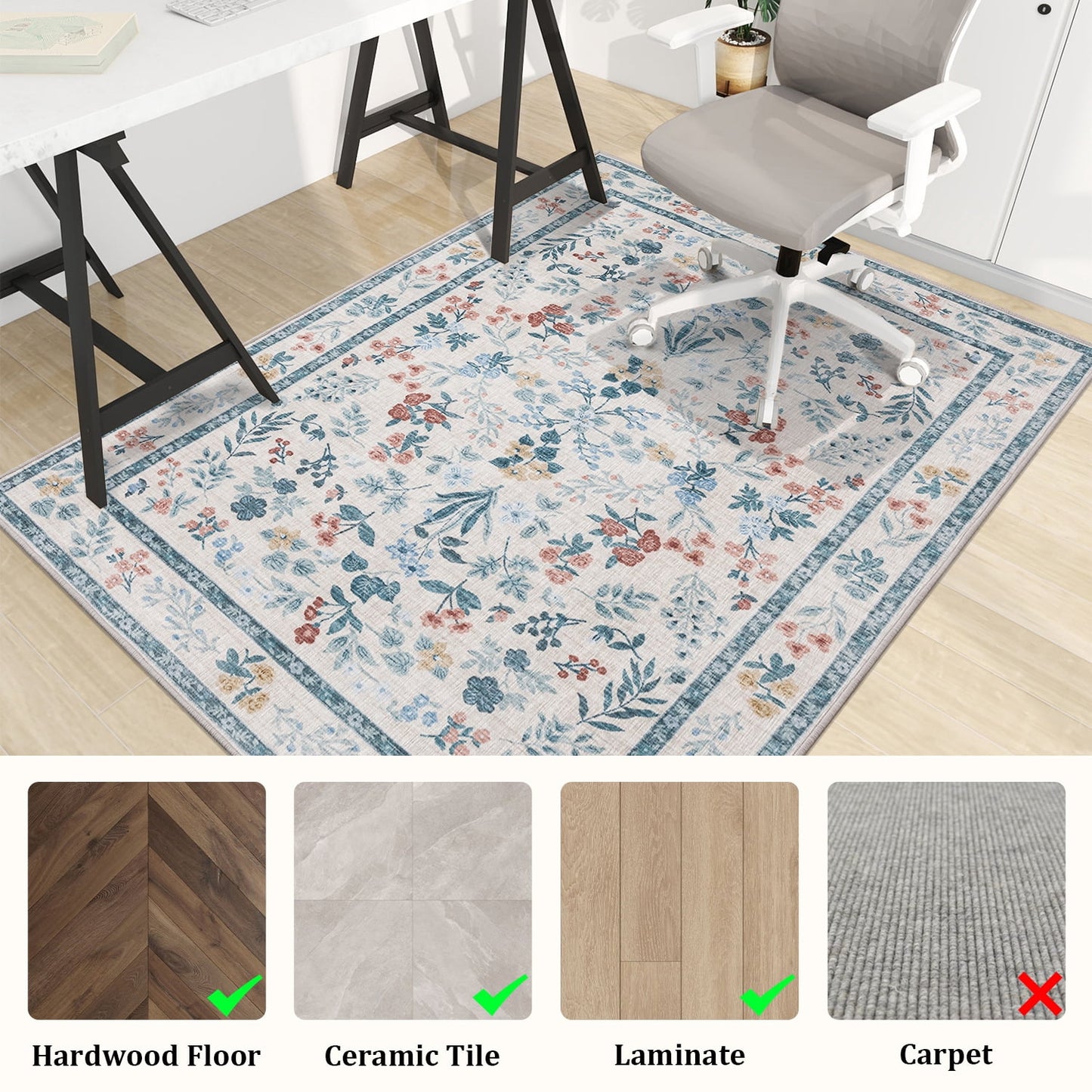 CHAKME 48in X 60in Light Blue Floral Protective Flooring Office Chair Mat Hardwood Floor Tile Floor Heavy Duty Desk Chair Mat Carpet Anti Slip Office Floor Mat Rolling Chairs Low Pile Under Desk Rug
