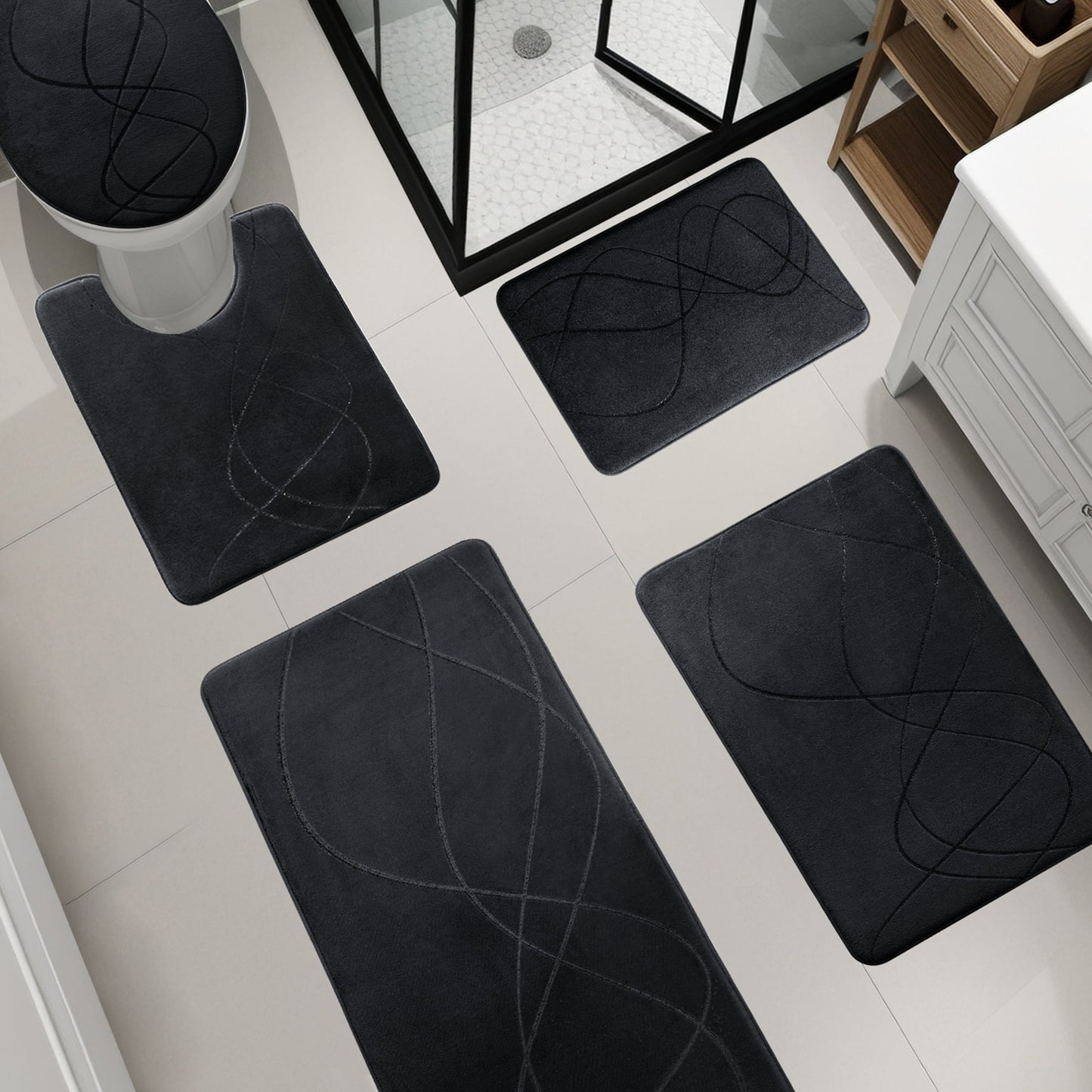 CHAKME 5 Pcs Bathroom Rugs Set Non Slip Absorbent Machine Washable Large 20inx46in & 32inx20in Long 24inx17in Small 18inx16in U Shaped 24inx20in Memory Foam Toilet Mat, Interlocking Spirals black