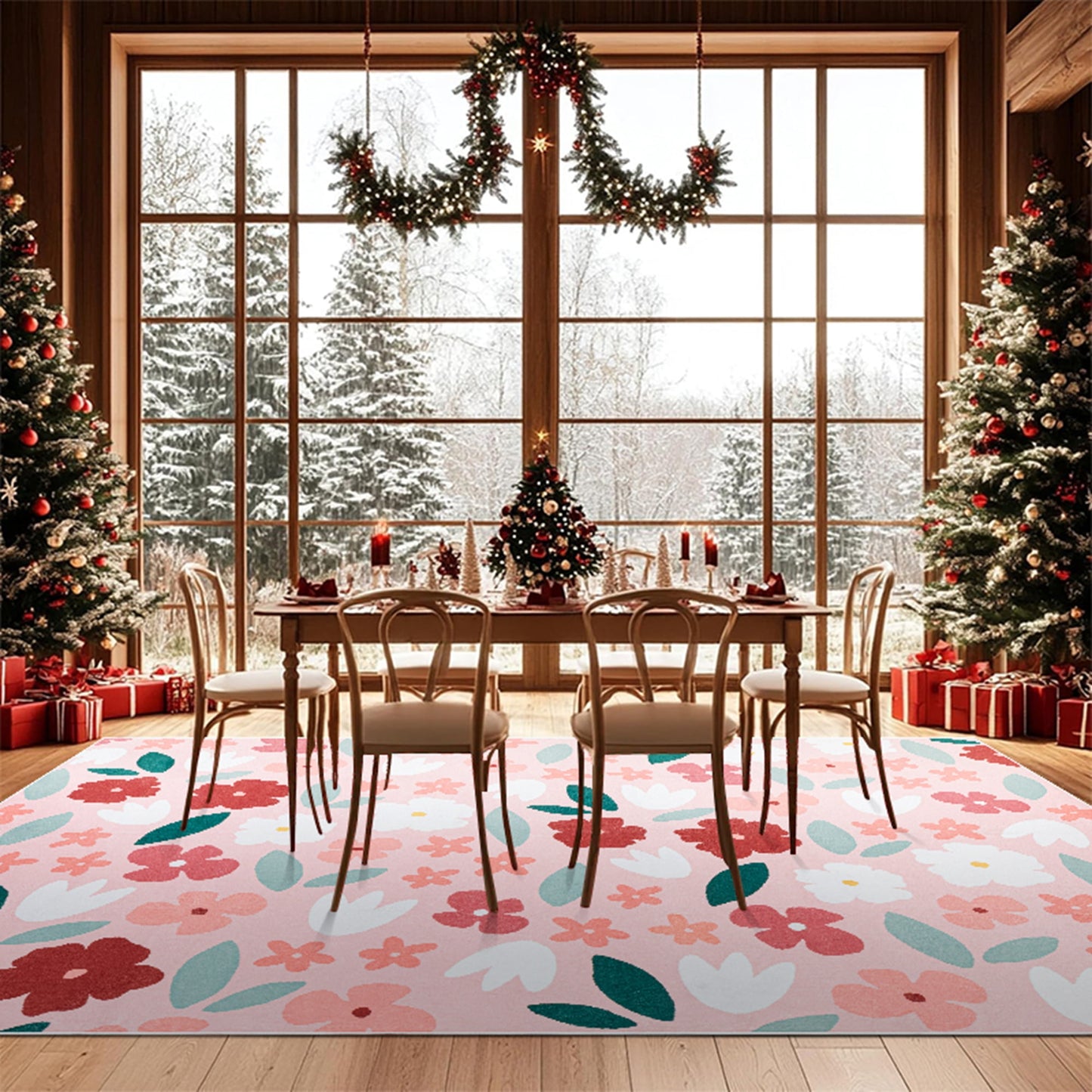 CHAKME 5'x7'Area Rugs Washable Non Slip Floral Carpets Living Room Bedroom Kitchen Office Large Rugs Cottage Farmhouse Dining Room Oriental Flower Rugs, Pink