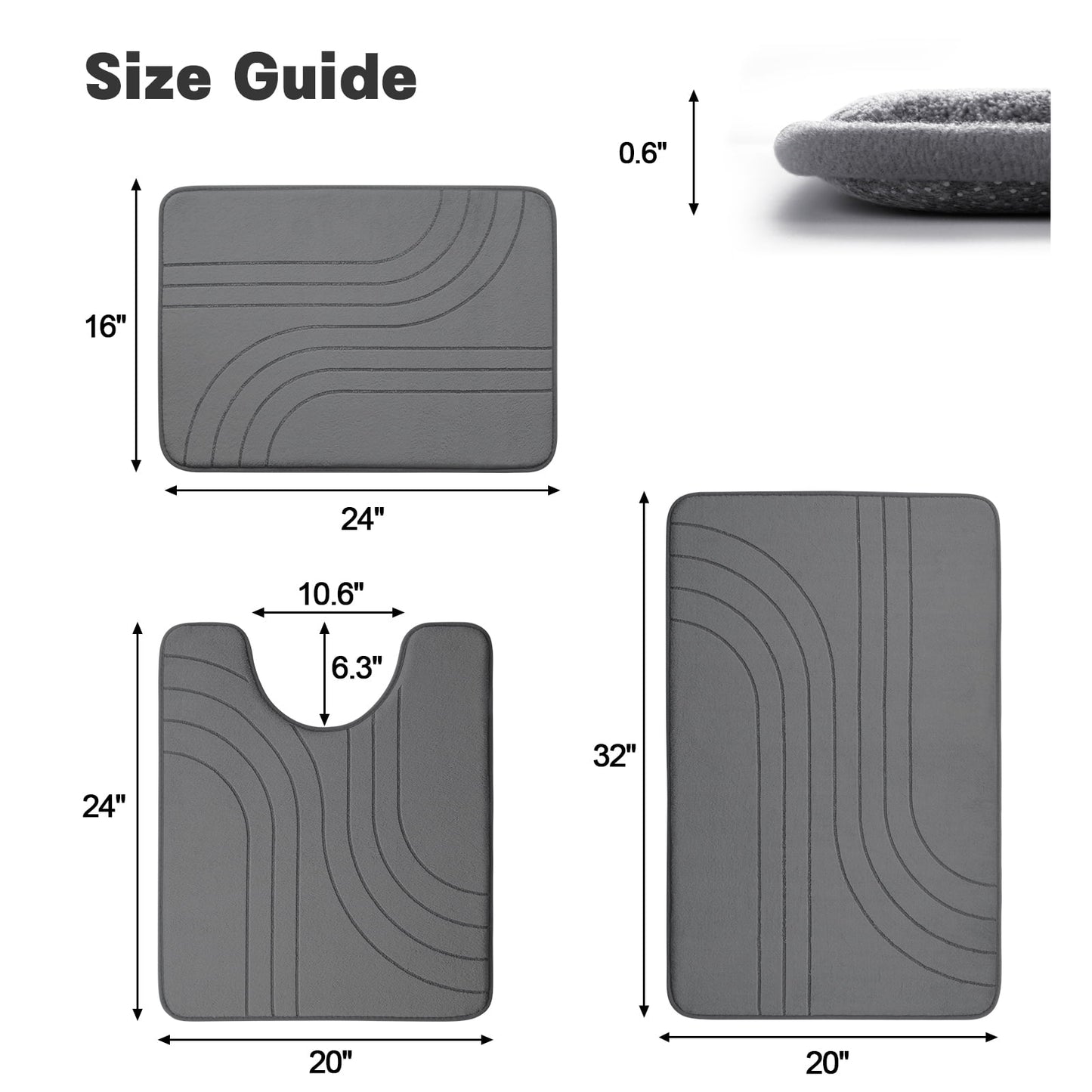 CHAKME Set of 3 Absorbent Memory Foam Bath Mat Set Bathroom Rugs, Zen Garden Ripple Dark gray, Large 20inx32in, Small 17inx24in, Contour 24inx20in