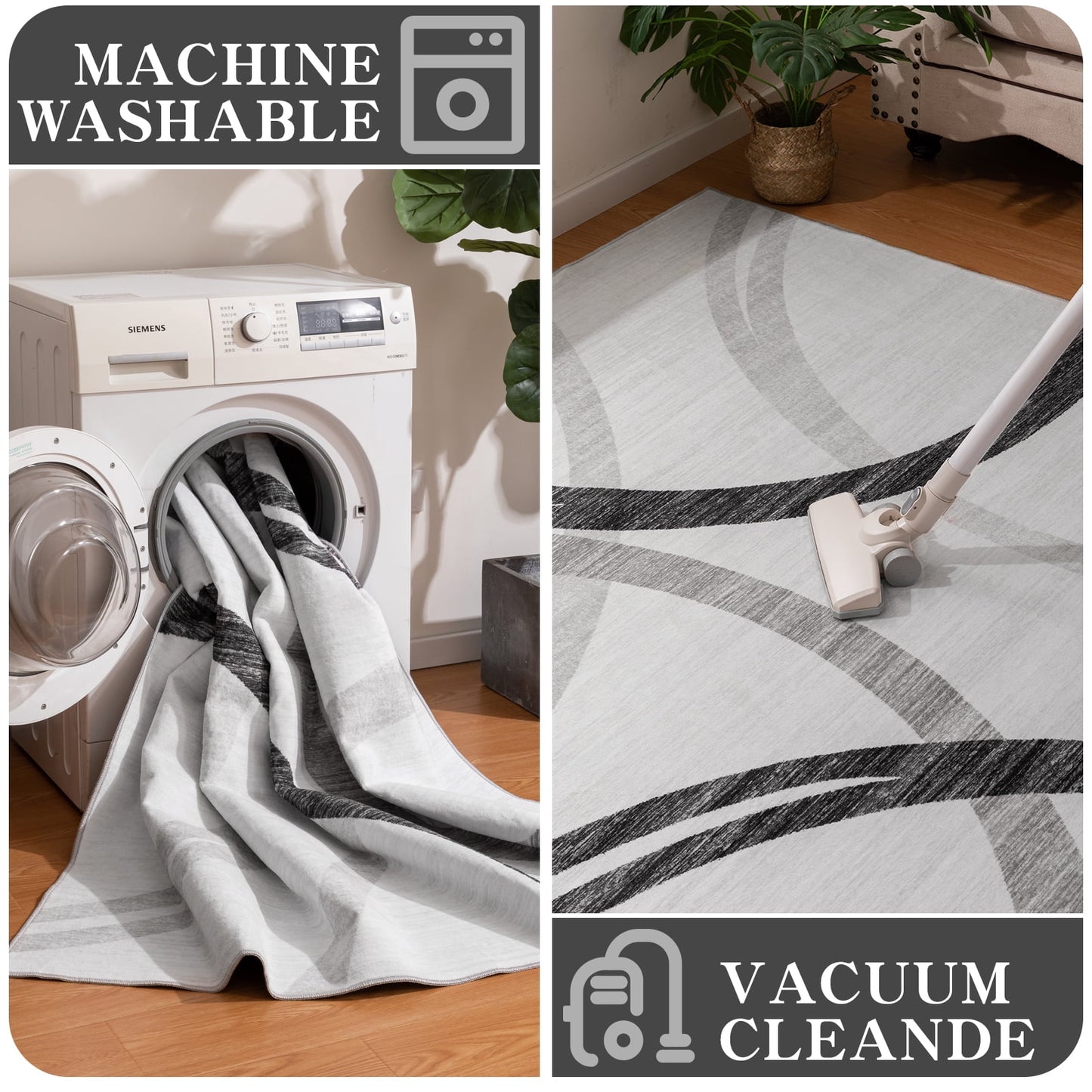 CHAKME 9'x12' Abstract Modern Area Rug Machine Washable Non Slip Black Grey White Geometric Curve Lines Carpet Low Pile Floor Living Room Bedroom Office Mat