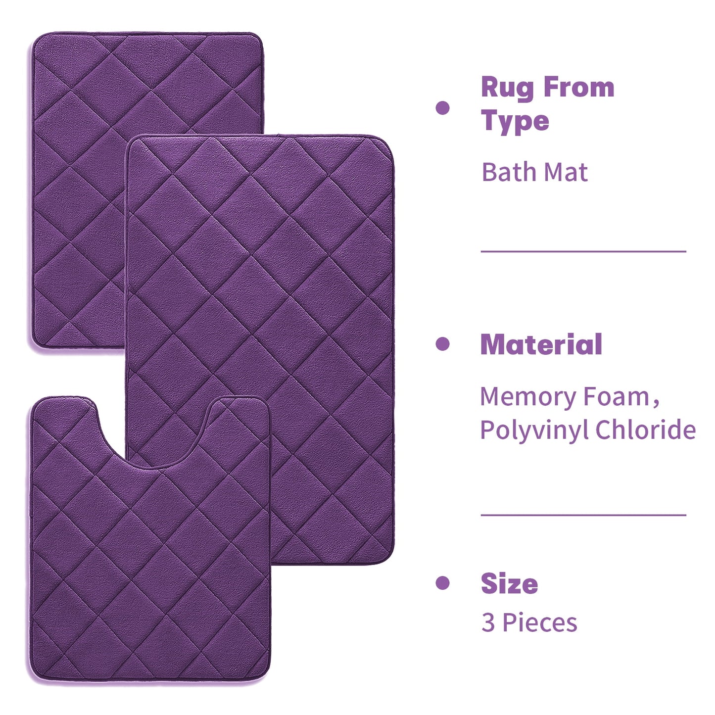 CHAKME Non-Slip 3 Piece Bathroom Rugs Set - Bath Mat for Tub, Shower, and Toilet, Rustic Lattice purple