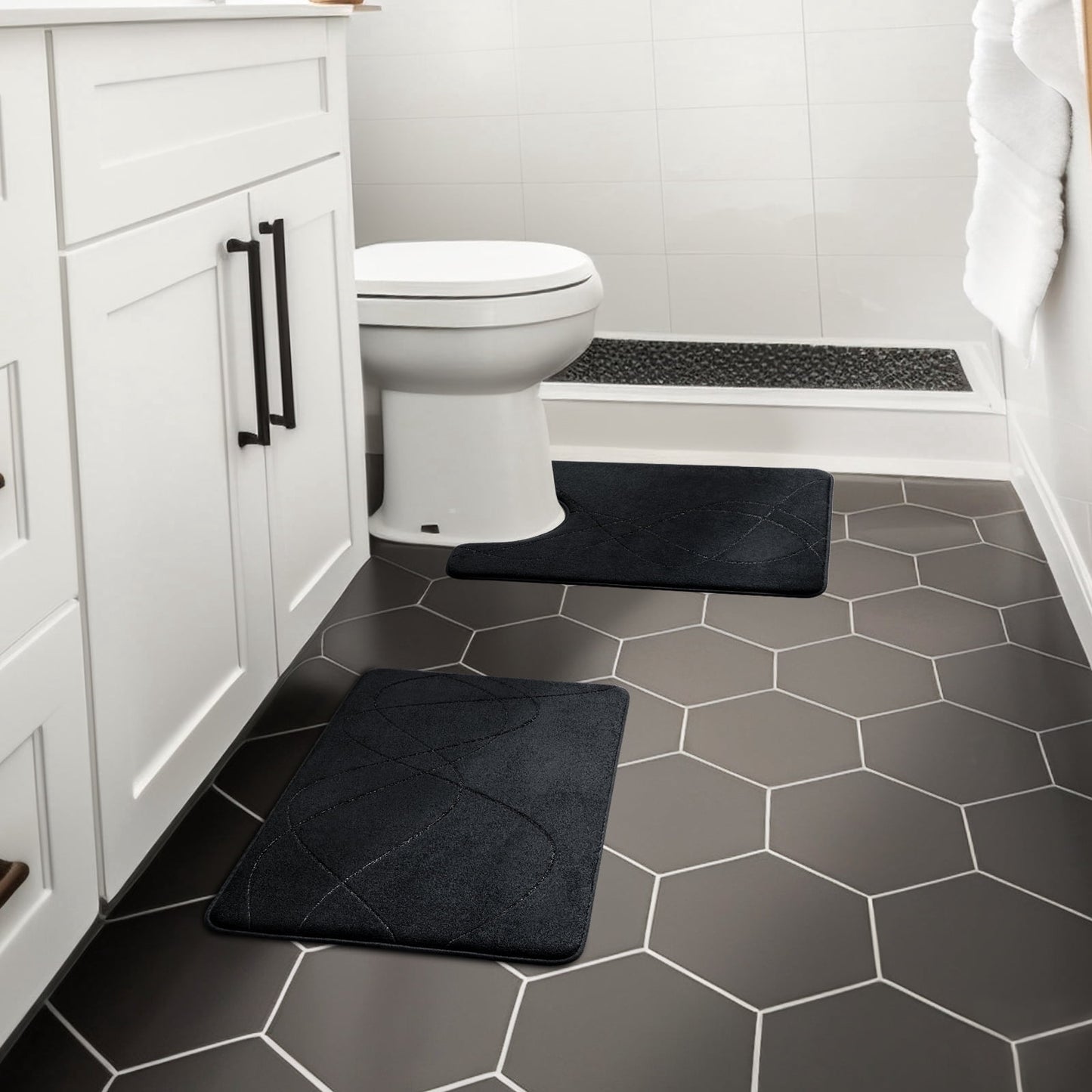 CHAKME Non Slip Memory Foam Bath Rug Set Ultra Absorbent Machine Washable Quick Dry Bathroom Floor Mat U Shape Toilet,Interlocking Spirals black