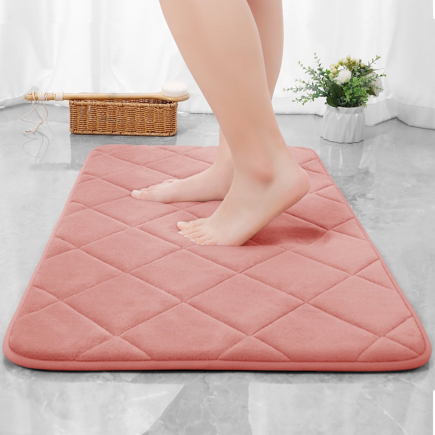 CHAKME Memory Foam Bath Mat Set Non Slip Super Absorbent Machine Washable U Shape Toilet Rug 24inx20in/24inx16in Bathroom Floor,Rustic Lattice Pink