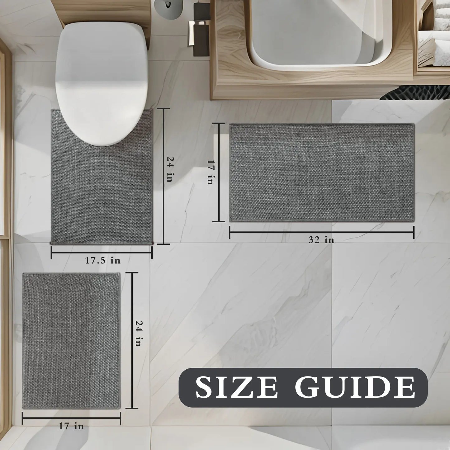 CHAKME 3 Pcs Bathroom Rug Set Thin Non Slip Washable Quick Dry Absorbent U Shaped Toilet Mat Rubber Backing Shower Tub Floor, 17inx24in+17inx32in+U Shape 17.5inx24in DARK GRAY