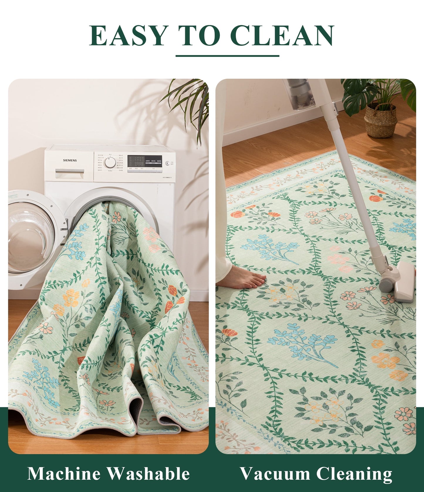CHAKME 5'x7' Boho Floral Area Rugs Living Room Floral Cottage Washable Rug Soft Faux Wool Rug Carpet Bedroom ,GREEN