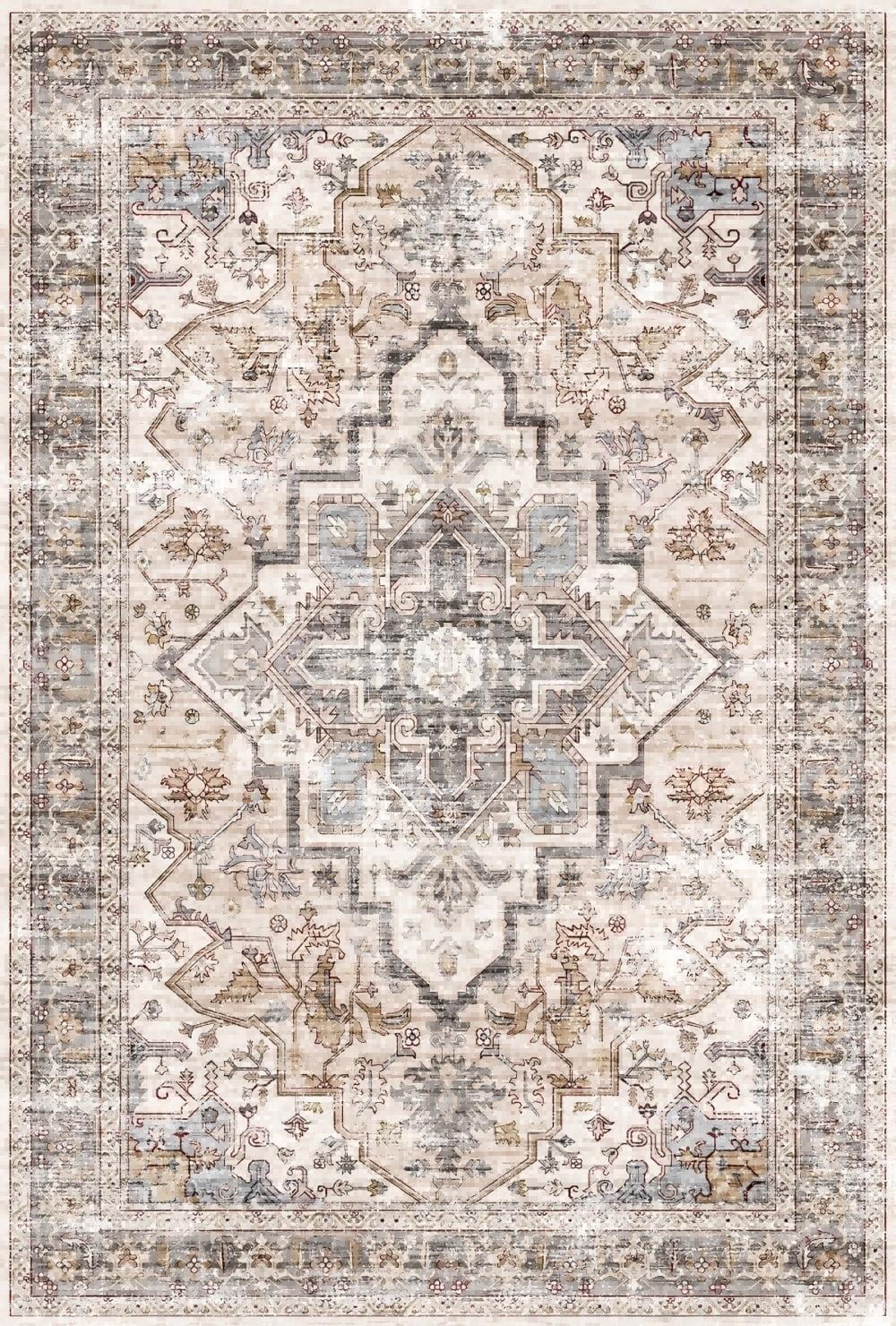 CHAKME 5'x7' Washable Area Rug Large Soft Rugs Living Room Vintage Beige Carpet Bedroom Dining Room Non-Slip Stain Resistant Under Table Rug