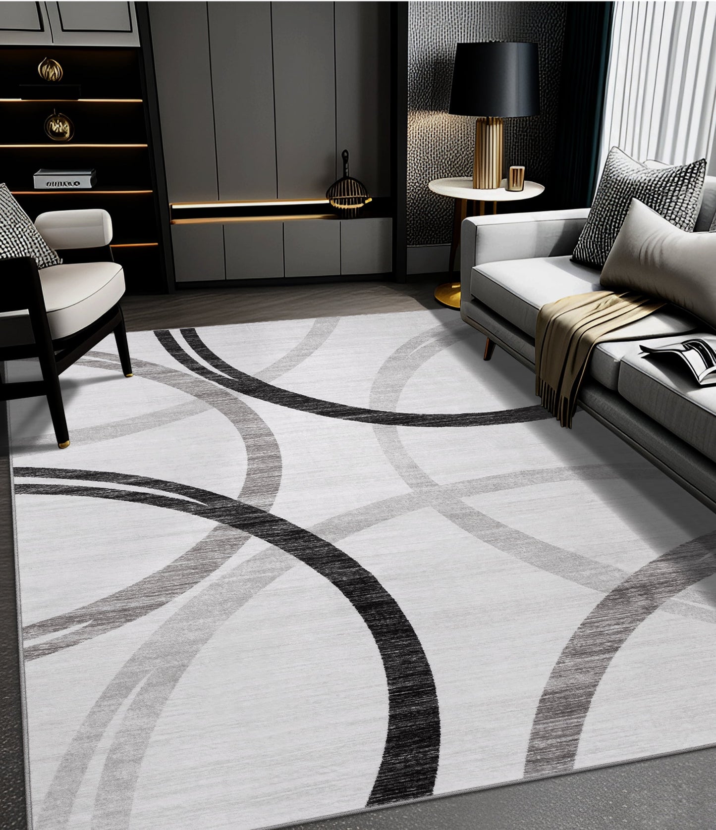 CHAKME 9'x12' Abstract Modern Area Rug Machine Washable Non Slip Black Grey White Geometric Curve Lines Carpet Low Pile Floor Living Room Bedroom Office Mat