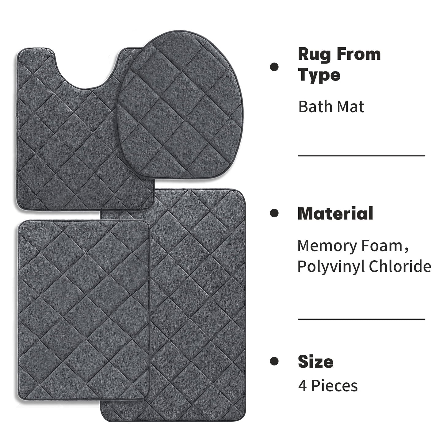 CHAKME 4pcs Bathroom Rugs Set with U-Shaped Mat, Non Slip, Quick Drying, Ultra Soft and Water Absorbent Bath Rug Mat Carpet Machine Washable 20inx32in+17inx24in+U 20inx24in+15inx18in GRAY