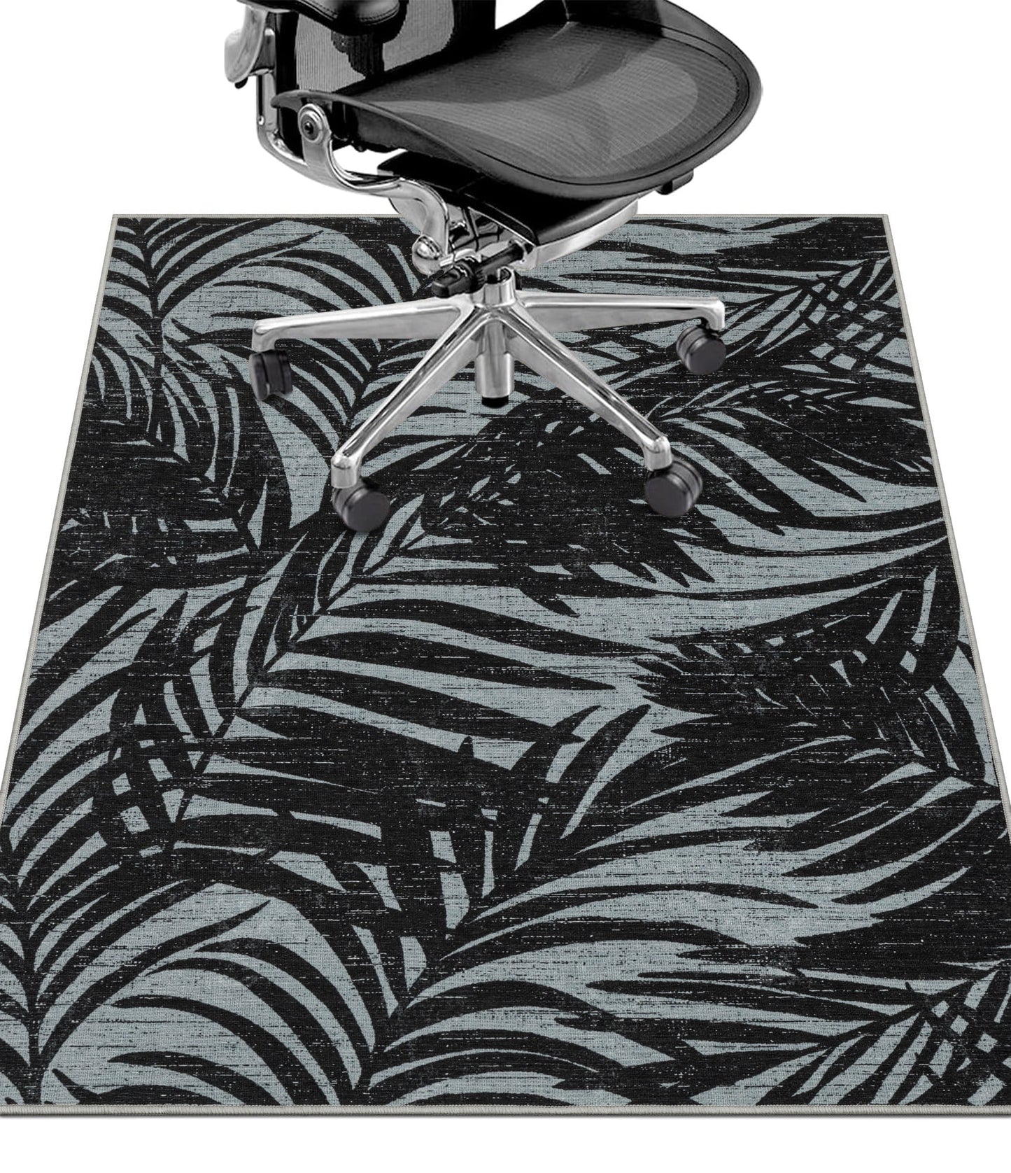 CHAKME 48inx60in Black White Tropical Leaf Desk Chair Mat, Anti Slip Low Pile for Hardwood/Tile Floor