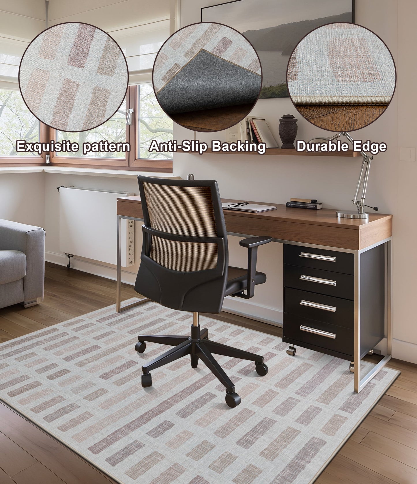 CHAKME Hardwood Floor Office Chair Mat, Non Slip Washable Floor Protector Desk Chair, 48in x 72in, Beige Block Geometric
