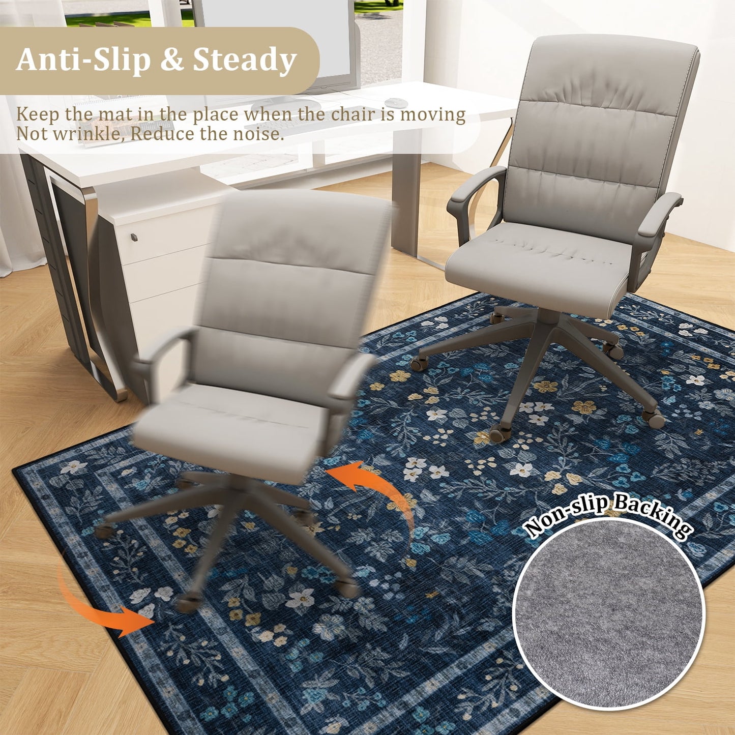 CHAKME 48in X 60in Navy Blue Floral Protective Flooring Office Chair Mat Hardwood Floor Tile Floor Heavy Duty Desk Chair Mat Carpet Anti Slip Office Floor Mat Rolling Chairs Low Pile Under Desk Rug