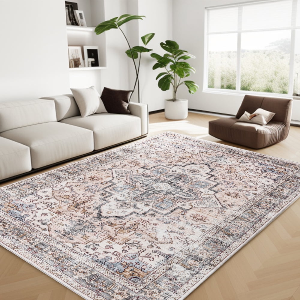 CHAKME 6'x9' Washable Area Rug Large Soft Rugs Living Room Vintage Beige Carpet Bedroom Dining Room Non-Slip Stain Resistant Under Table Rug