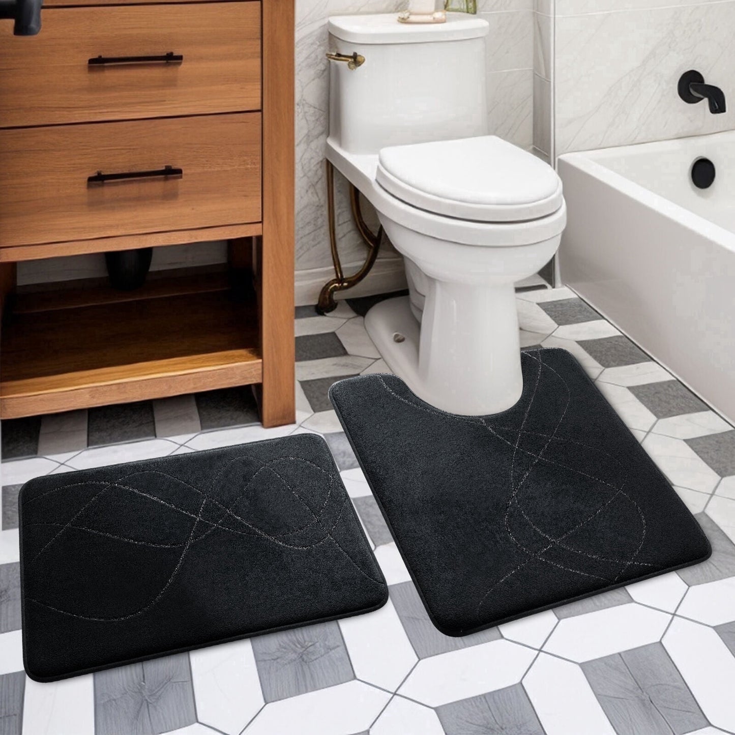 CHAKME Non Slip Memory Foam Bath Rug Set Ultra Absorbent Machine Washable Quick Dry Bathroom Floor Mat U Shape Toilet,Interlocking Spirals black