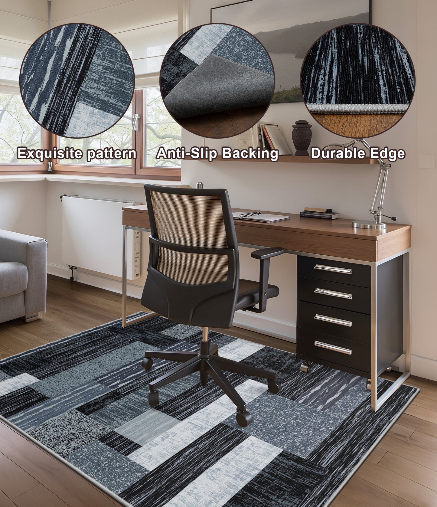 CHAKME 4' X 5' Patchwork Office Chair Mat Hardwood Floor Desk Chair Mat Anti Slip Floor Protector Under Desk Low Pile Office Rug Home