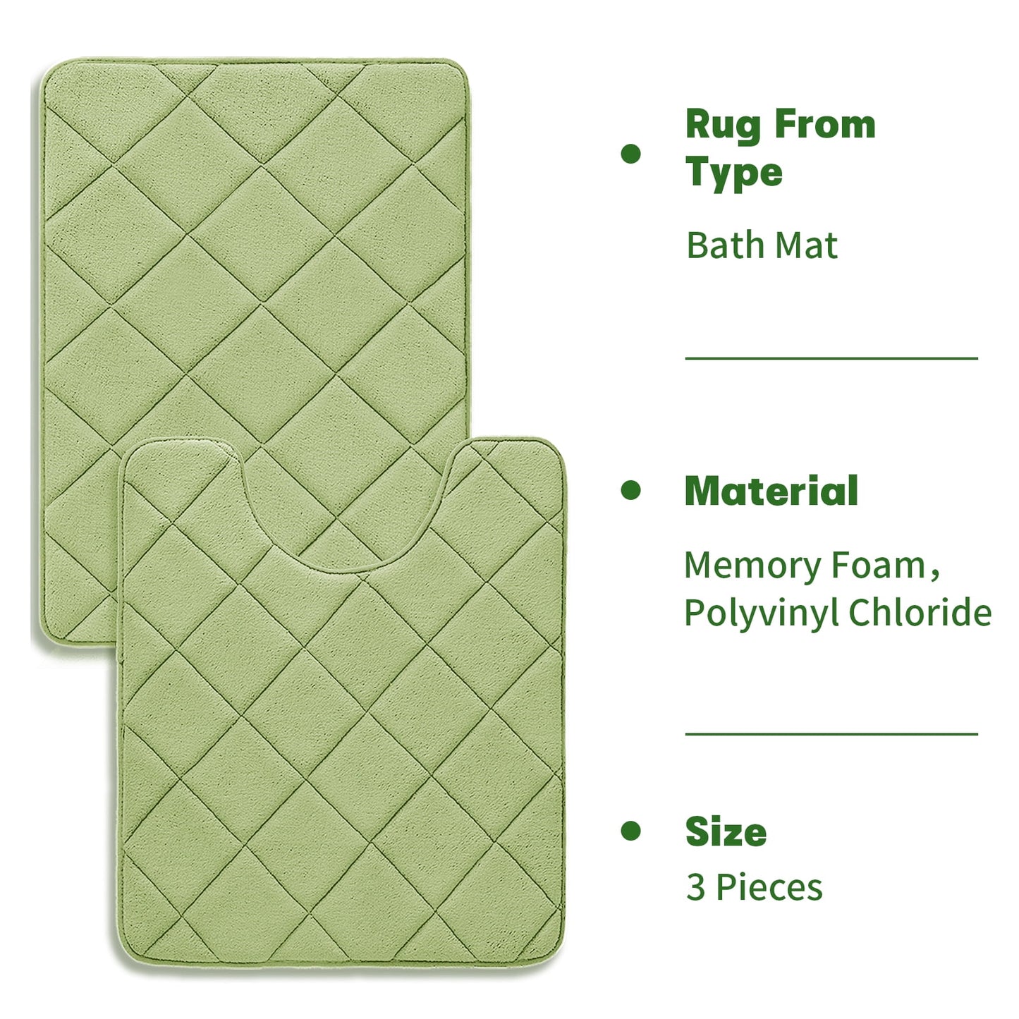 CHAKME Memory Foam Bath Mat Set Non Slip Super Absorbent Machine Washable U Shape Toilet Rug 24inx20in/24inx16in Bathroom Floor,Rustic Lattice green