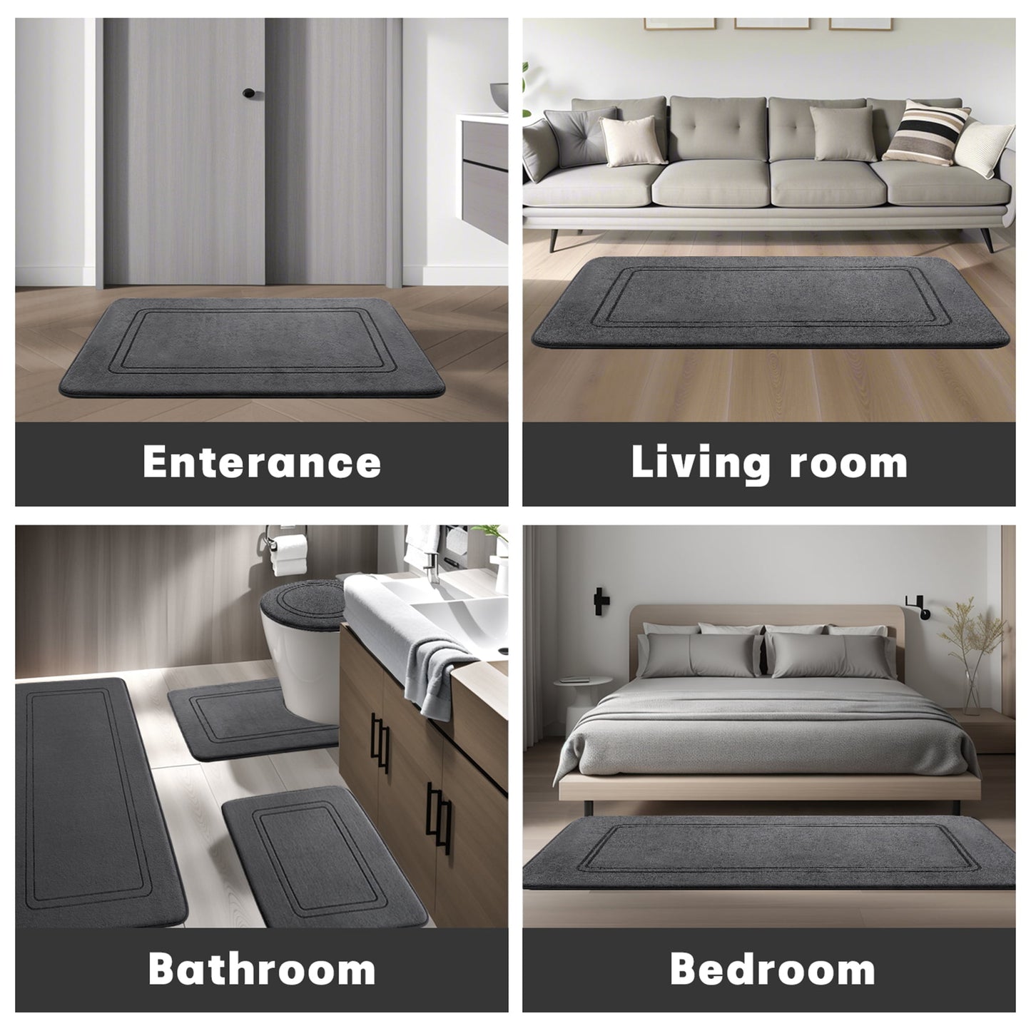 CHAKME U Shape Bath Mat Set 24inx20in&24inx16in Non Slip Super Absorbent Machine Washable Bathroom Memory Foam Floor Rug Toilet,Classic Greek Key Dark gray