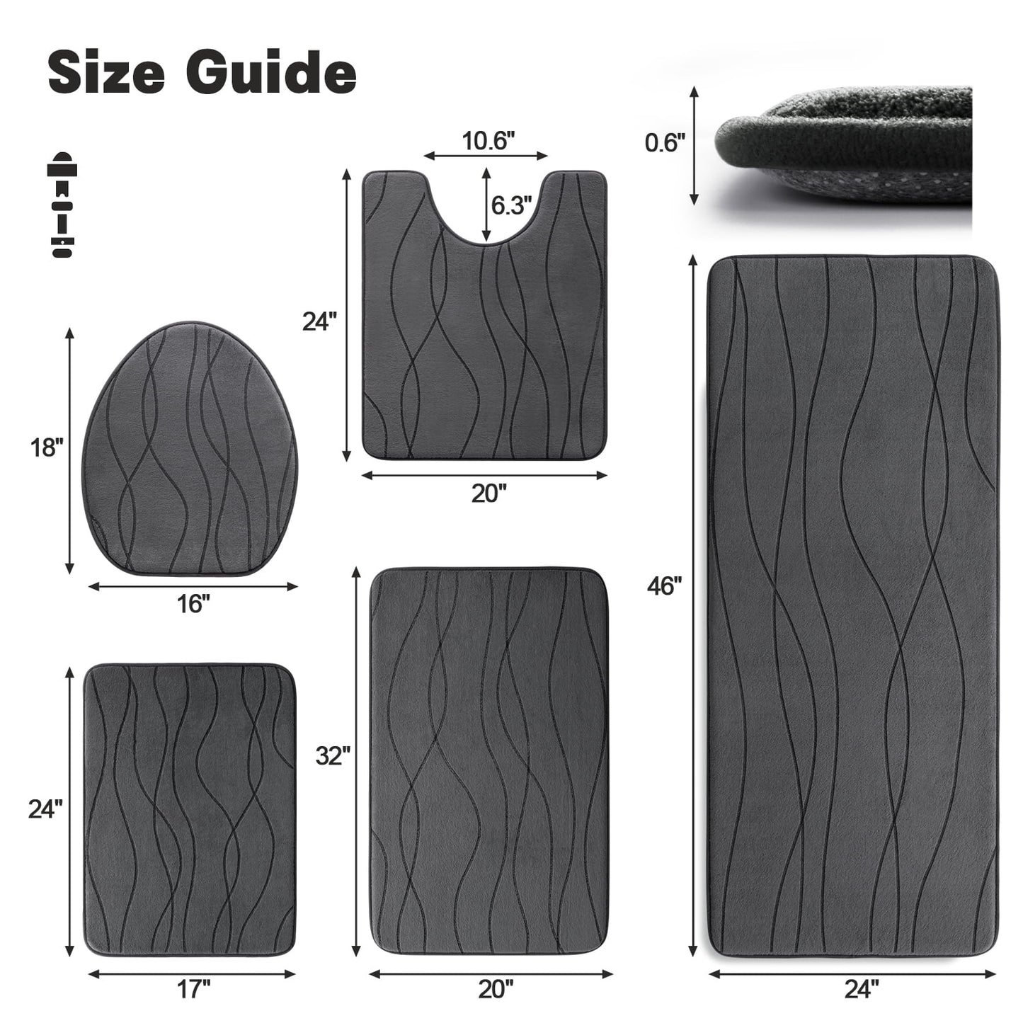 CHAKME 5 Piece Bathroom Rug Set Non Slip Ultra Absorbent Machine Washable Memory Foam Large 20inx46in & 32inx20in Long 24inx17in Small 18inx16in U Shape Contour 24inx20in Toilet Mat Ocean Ripple Dark gray