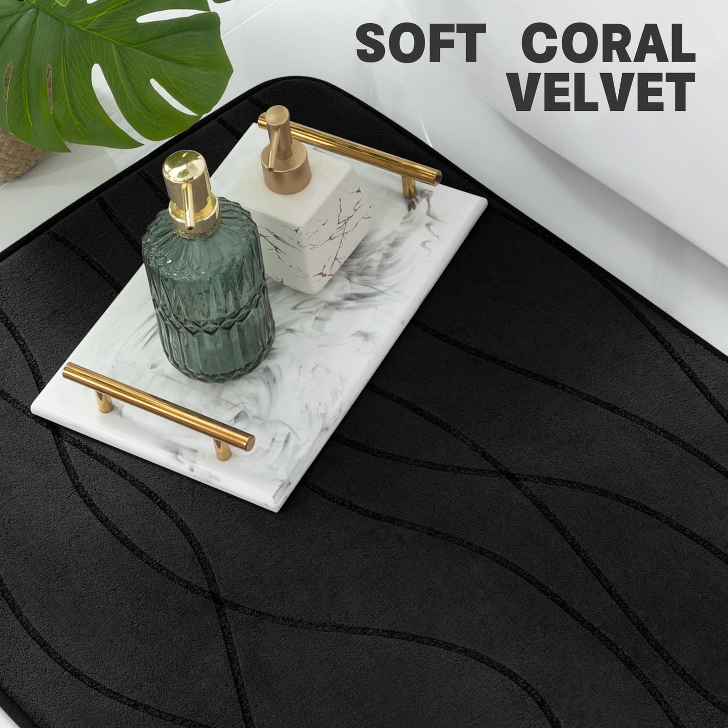 CHAKME 5 Piece Bathroom Rug Set Non Slip Ultra Absorbent Machine Washable Memory Foam Large 20''x46'' & 32''x20'' Long 24''x17'' Small 18''x16'' U Shape Contour 24''x20'' Toilet Mat Ocean Ripple black