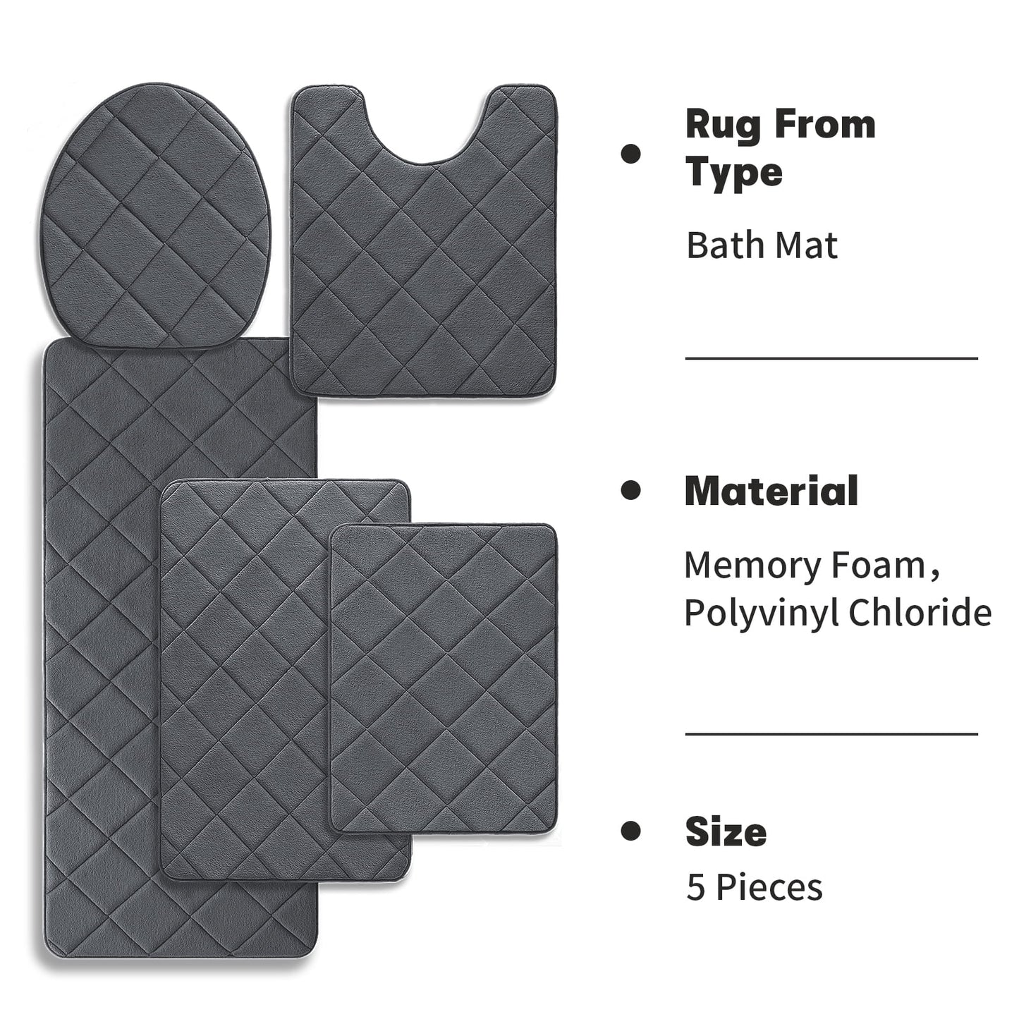 CHAKME Non Slip Machine Washable 5 Piece Bath Rug Set Memory Foam Ultra Absorbent Large 20inx46in & 32inx20in Long 24inx17in Small 18inx16in U Shape Contour 24inx20in Bathroom Mat Rustic Lattice Dark gray