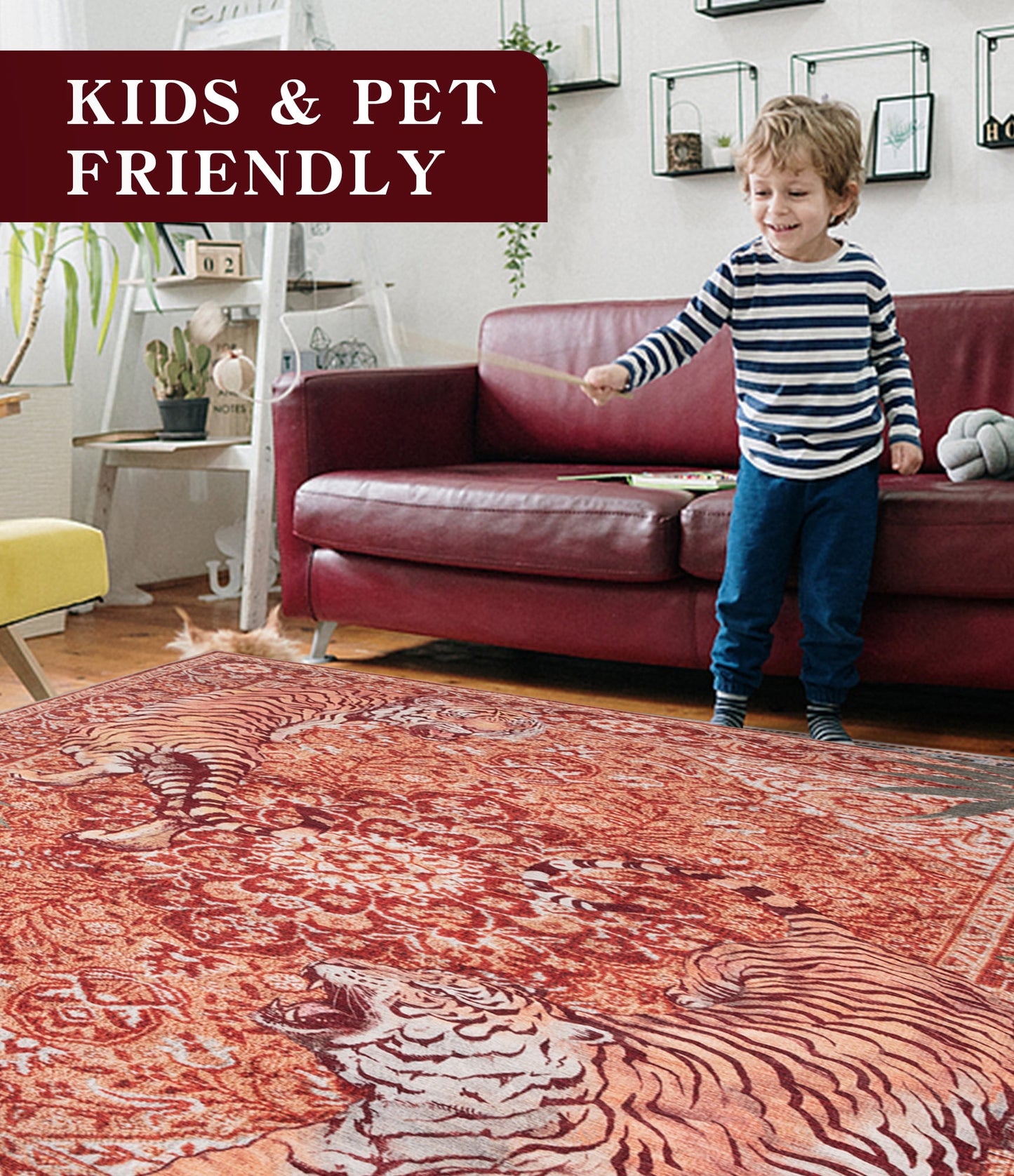 CHAKME 8'x10' Vintage Tiger Area Rugs Non Slip Machine Washable Vintage Boho Carpet Low Pile Print Bedroom Dining Room Home Office Rug,Red