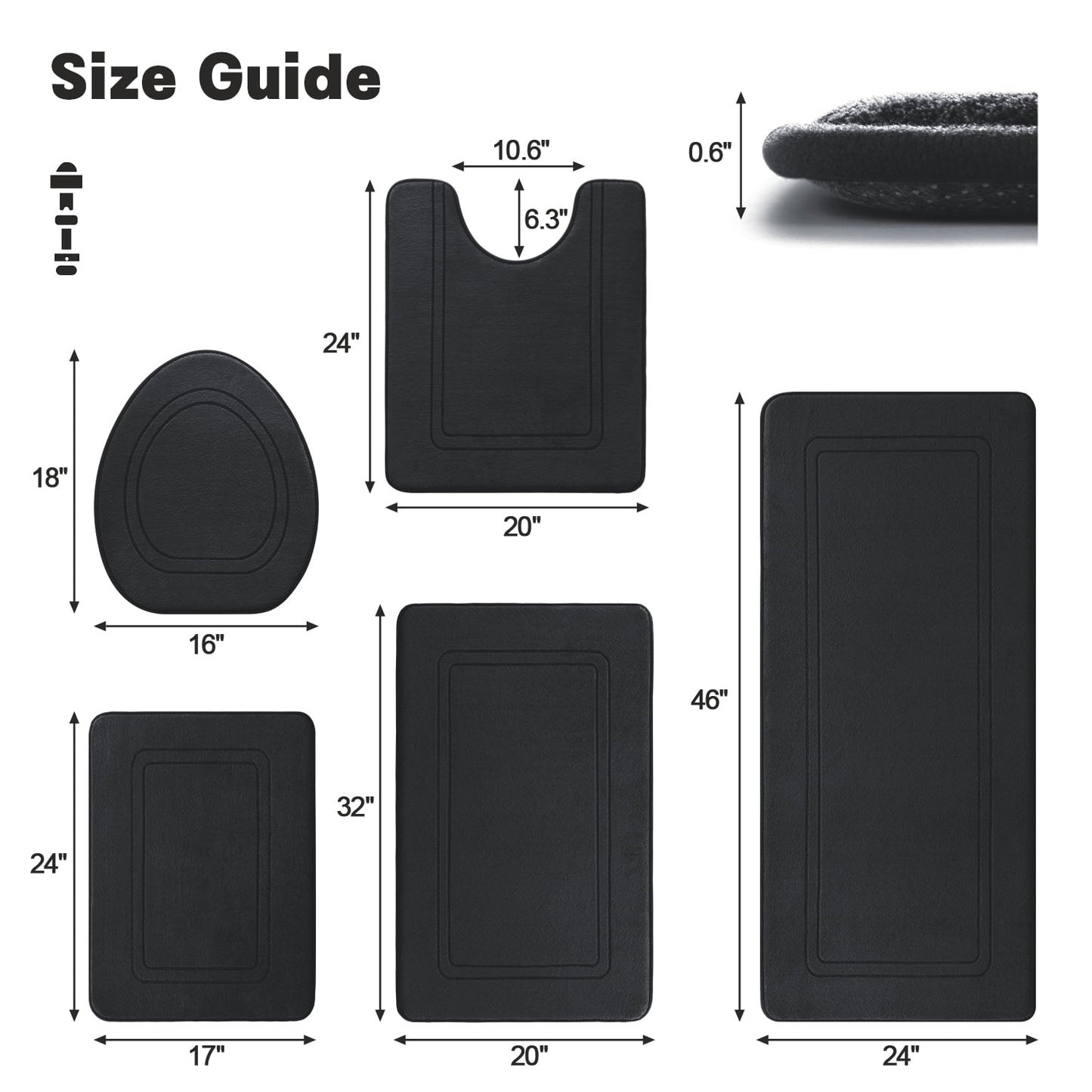 CHAKME 5 Piece Memory Foam Bath Mat Set Large 20inx46in & 32inx20in Long 24inx17in Small 18inx16in U Shaped Contour 24inx20in Non Slip Machine Washable Super Absorbent Classic Greek Key black